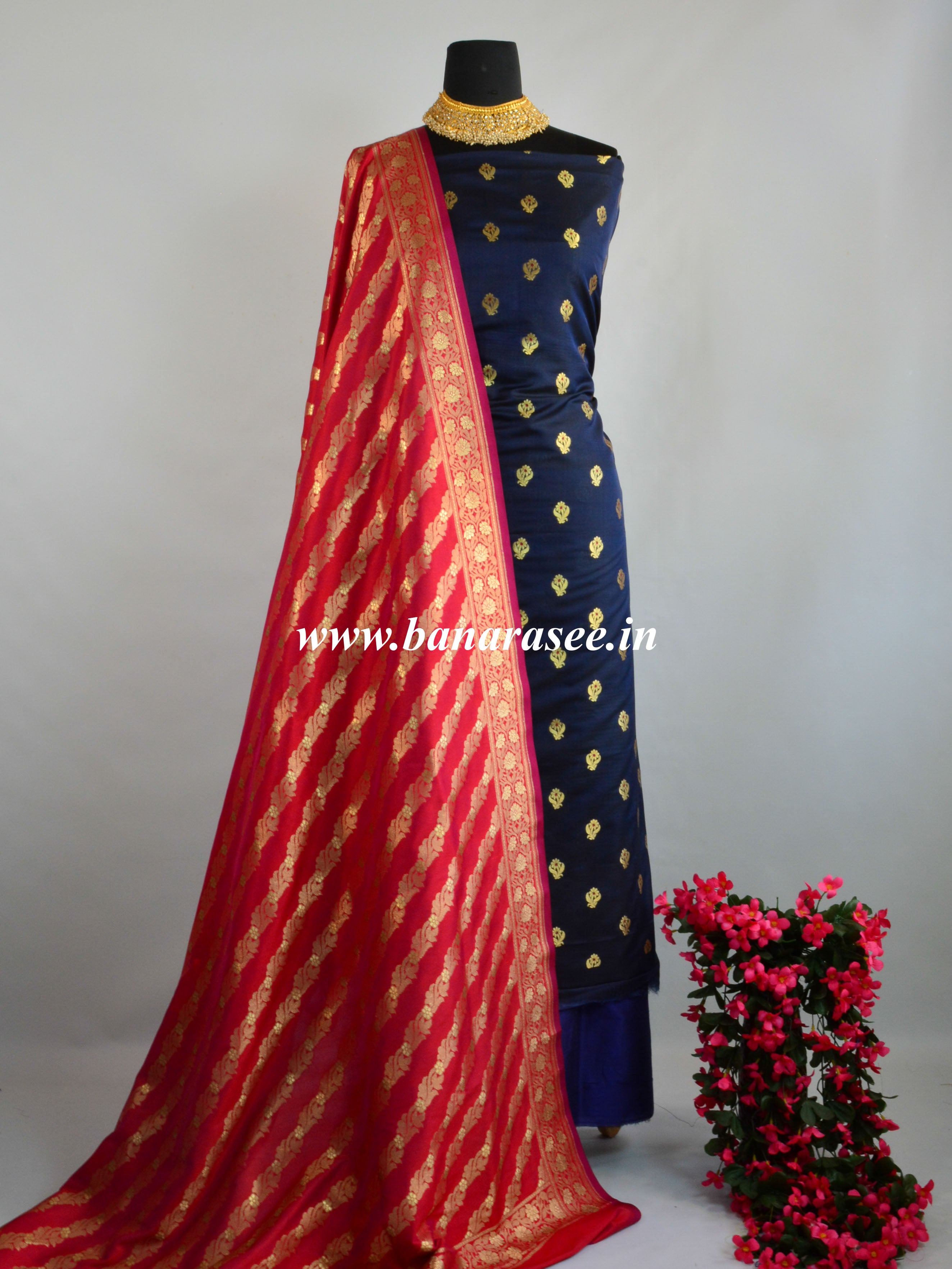 Banarasee Salwar Kameez Semi Katan Silk Zari Buti Fabric With Contrast Dupatta-Deep Blue