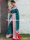 Banarasee Handwoven Faux Georgette Saree With Silver Zari Buti & Contrast Border Design-Green & Red