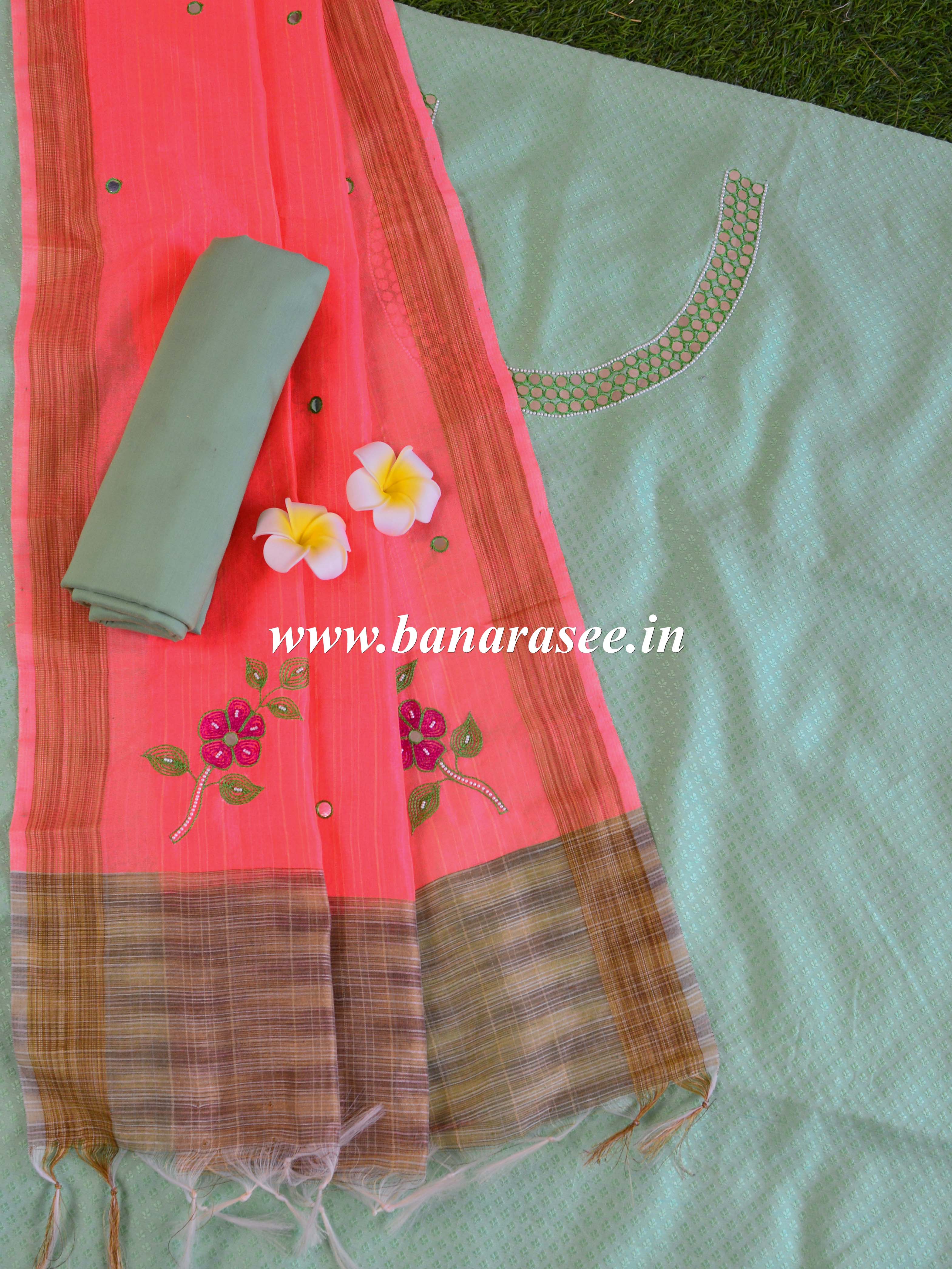 Banarasee Hand-Embroidery Chanderi Cotton Salwar Kameez Fabric With Art Silk Dupatta-Green & Orange