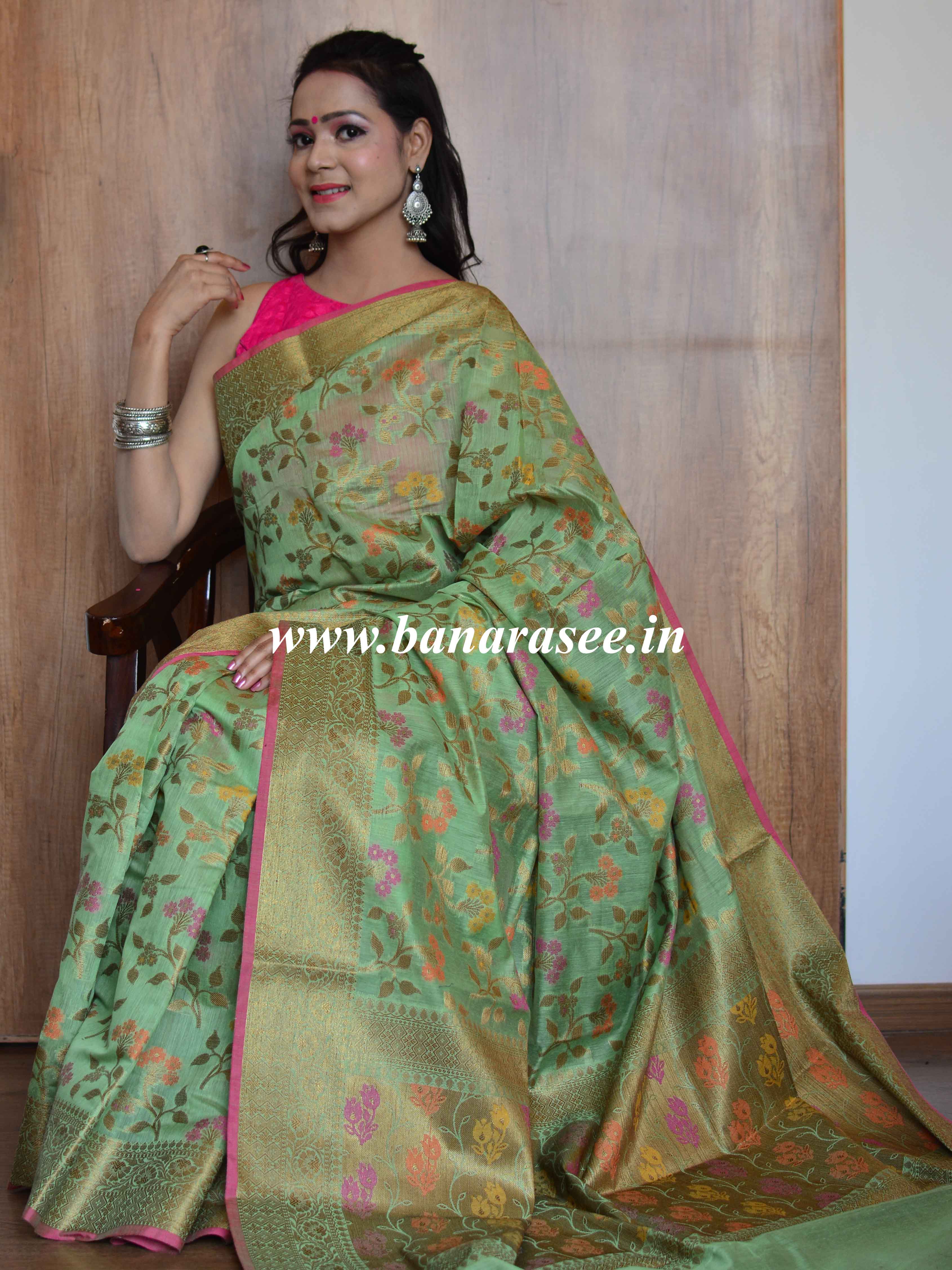 Banarasee Cotton Silk  Saree With Antique Zari Buti & Border-Green