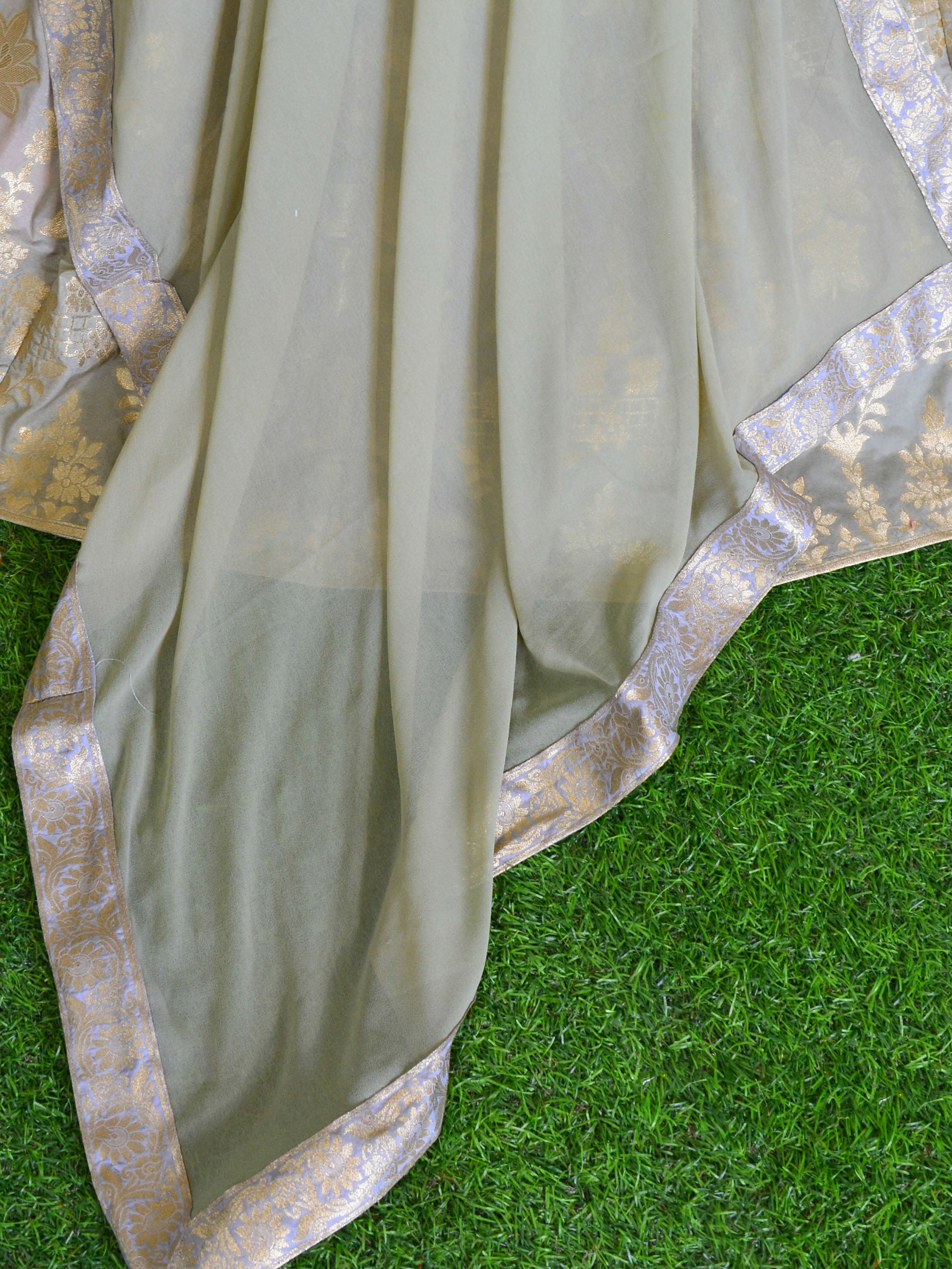 Banarasee Handwoven Silk Cotton Unstitched Lehenga Chiffon Dupatta & Blouse Fabric-Pastel Green