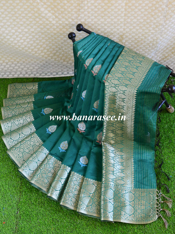 Banarasee Handwoven Cotton Silk With Silver Zari Buta & Border-Green