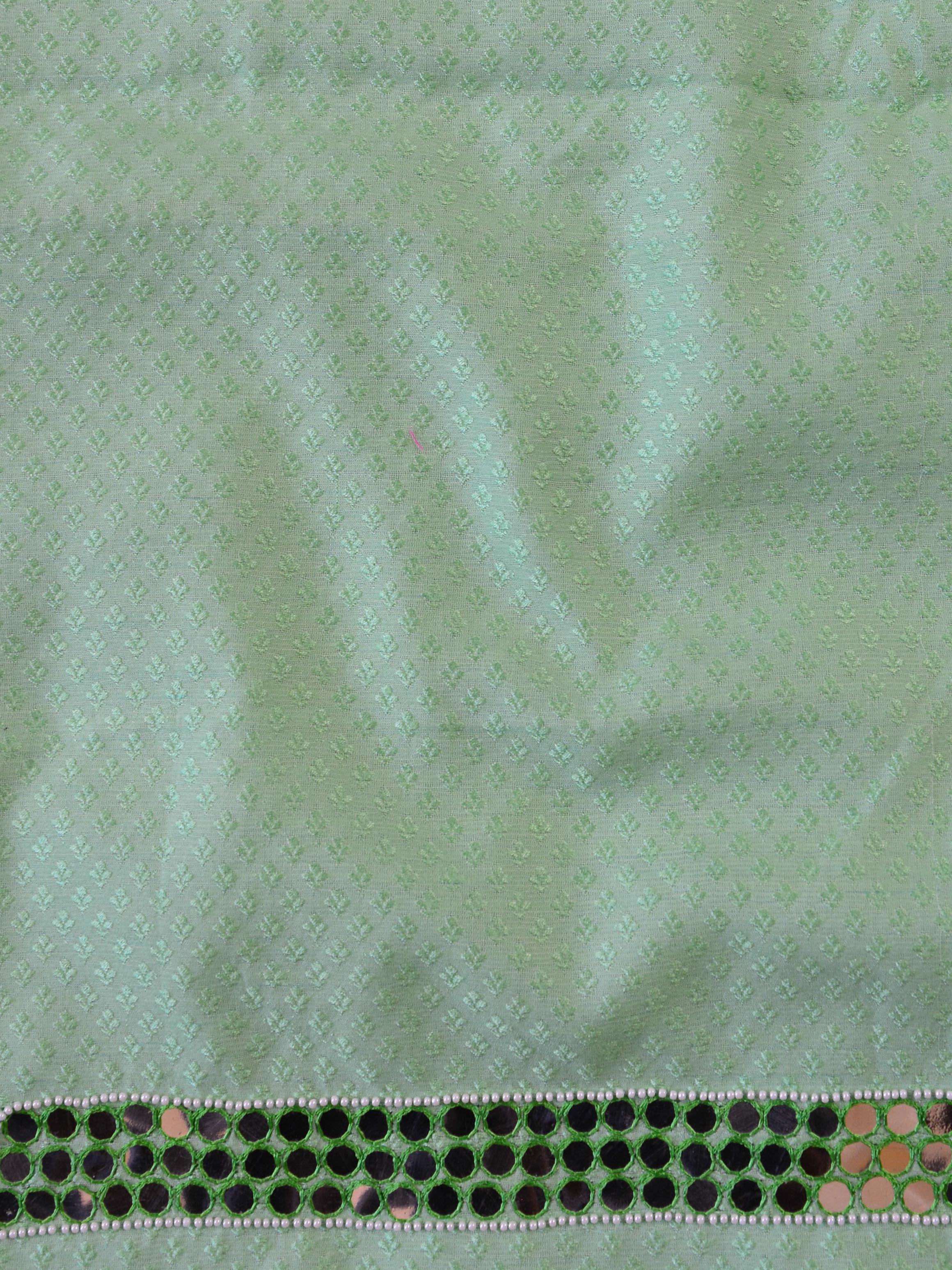 Banarasee Hand-Embroidery Chanderi Cotton Salwar Kameez Fabric With Art Silk Dupatta-Green & Orange