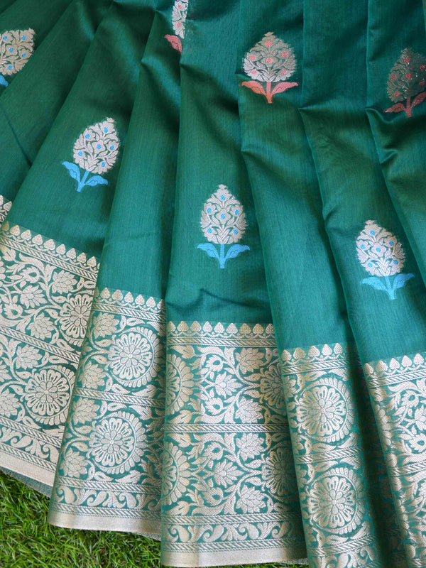 Banarasee Handwoven Cotton Silk With Silver Zari Buta & Border-Green