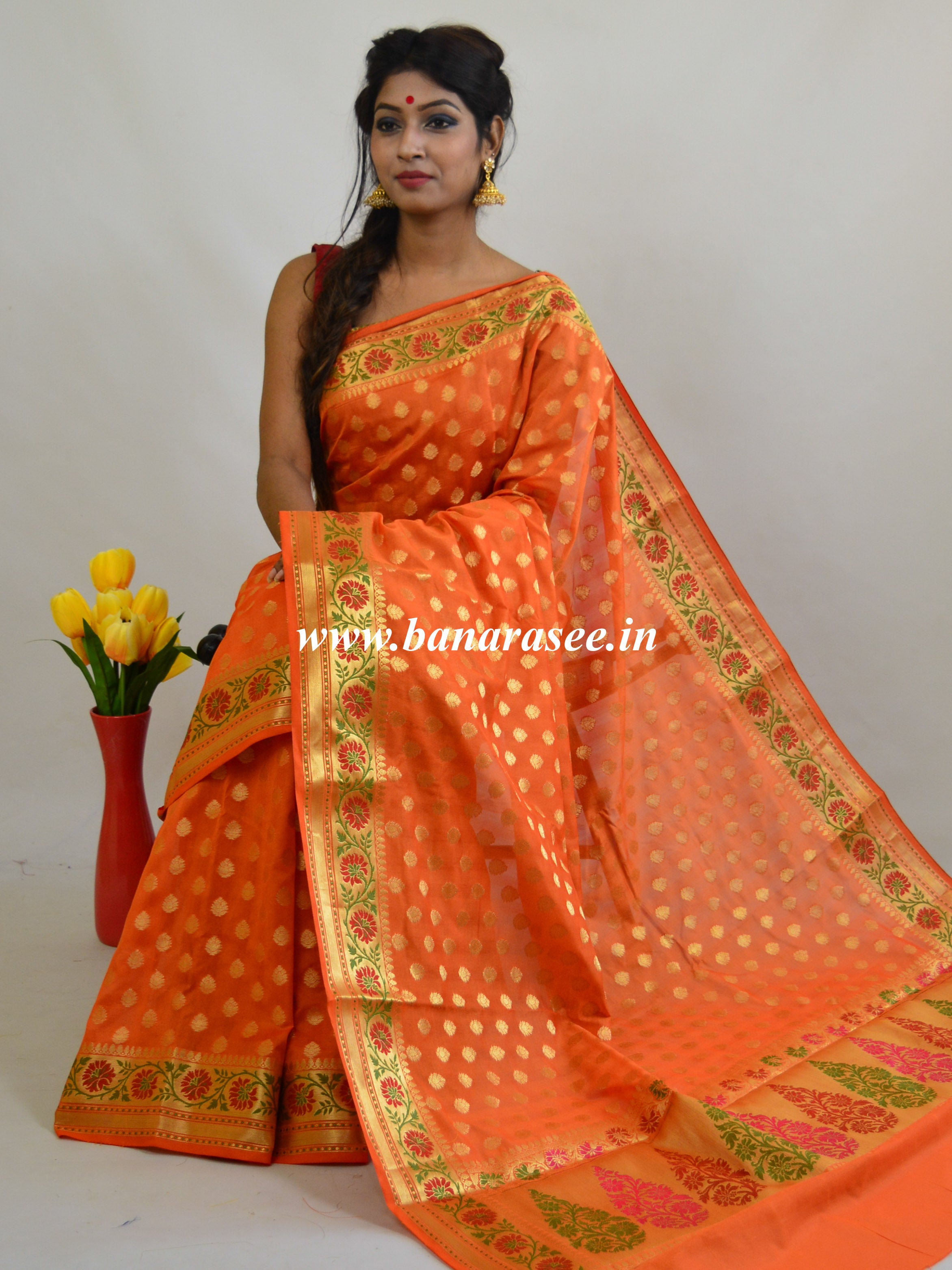 Banarasee Art Silk Saree with Zari Paithani Border-Orange