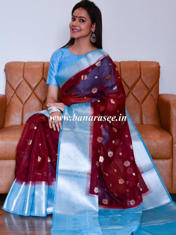 Banarasee Organza Mix Saree With Flower Buta Design & Broad Border-Maroon & Blue