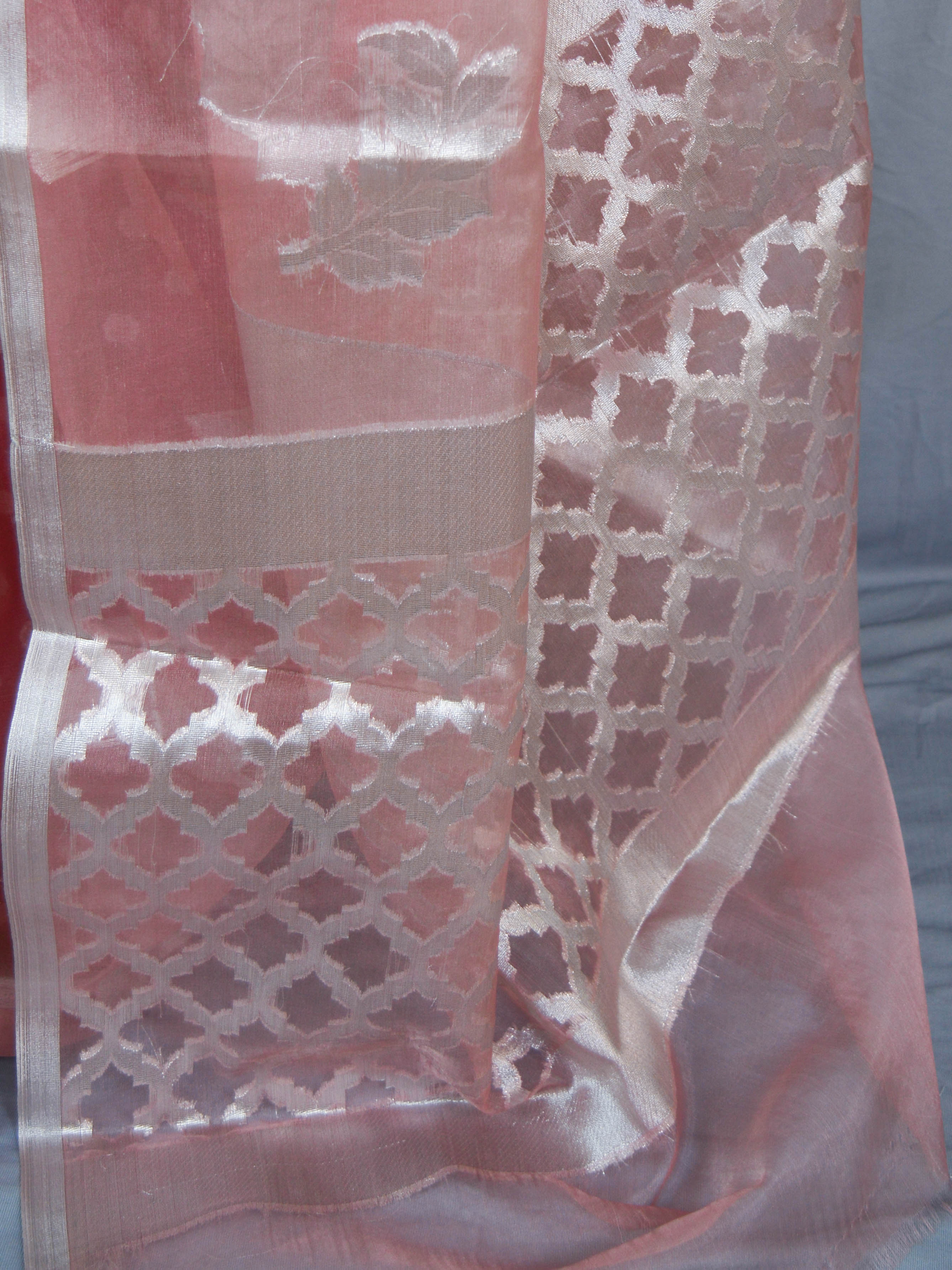 Banarasee Organza Mix Saree With Silver Leaf Buta & Border-Peach