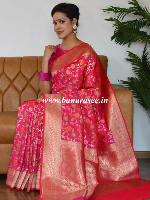 Banarasee Pure Silk Saree With Jaal Design-Pink