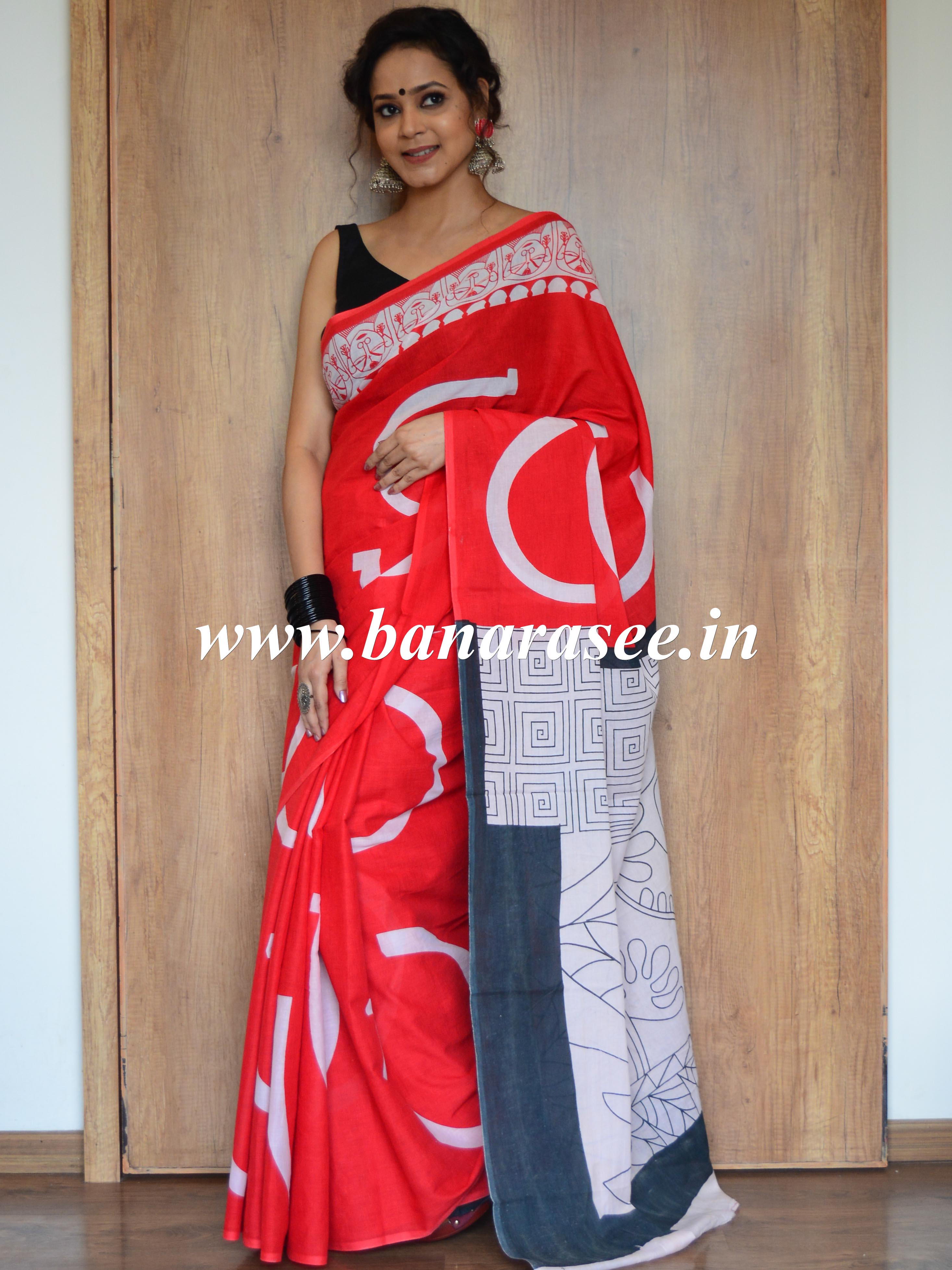 Handloom Mul Cotton Block Print Saree-Red