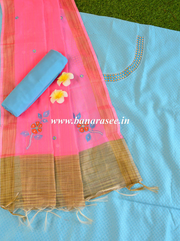 Banarasee Hand-Embroidery Chanderi Cotton Salwar Kameez Fabric With Art Silk Dupatta-Blue & Pink