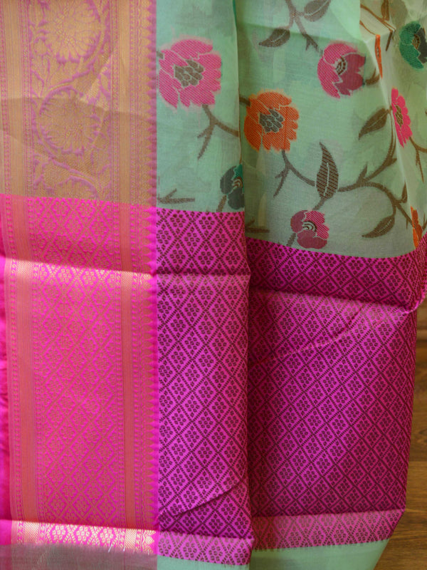 Banarasee Organza Mix Saree With Jaal Design & Floral Border-Green