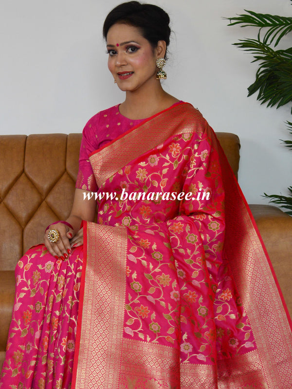 Banarasee Pure Silk Saree With Jaal Design-Pink
