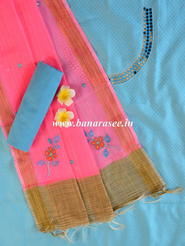 Banarasee Hand-Embroidery Chanderi Cotton Salwar Kameez Fabric With Art Silk Dupatta-Blue & Pink