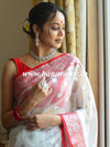 Banarasee Organza Mix Saree With Silver Zari Buta & Contrast Floral Border-White