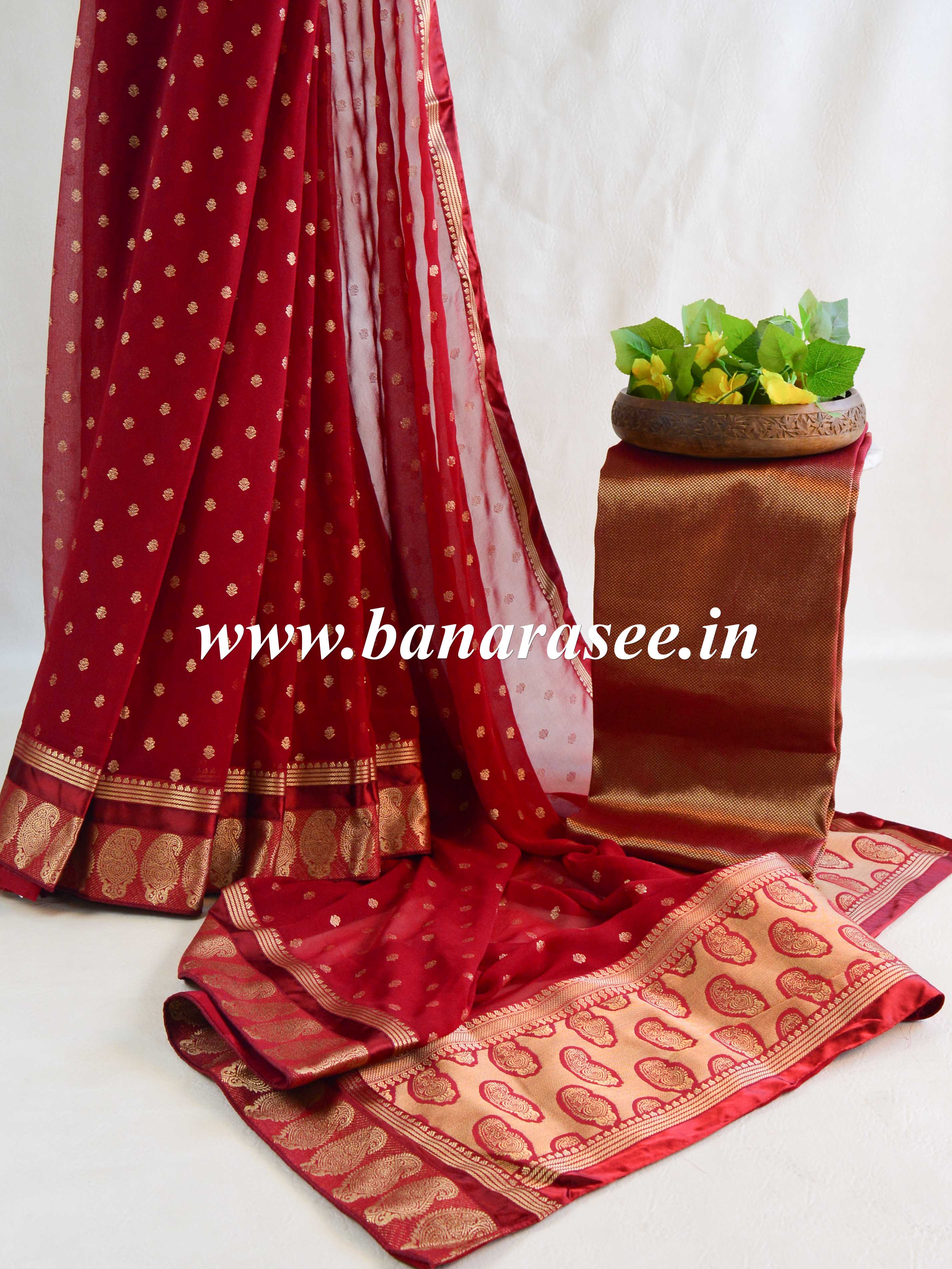 Banarasee Pure Chiffon Saree With Embroidery Work & Paisley Border-Deep Red