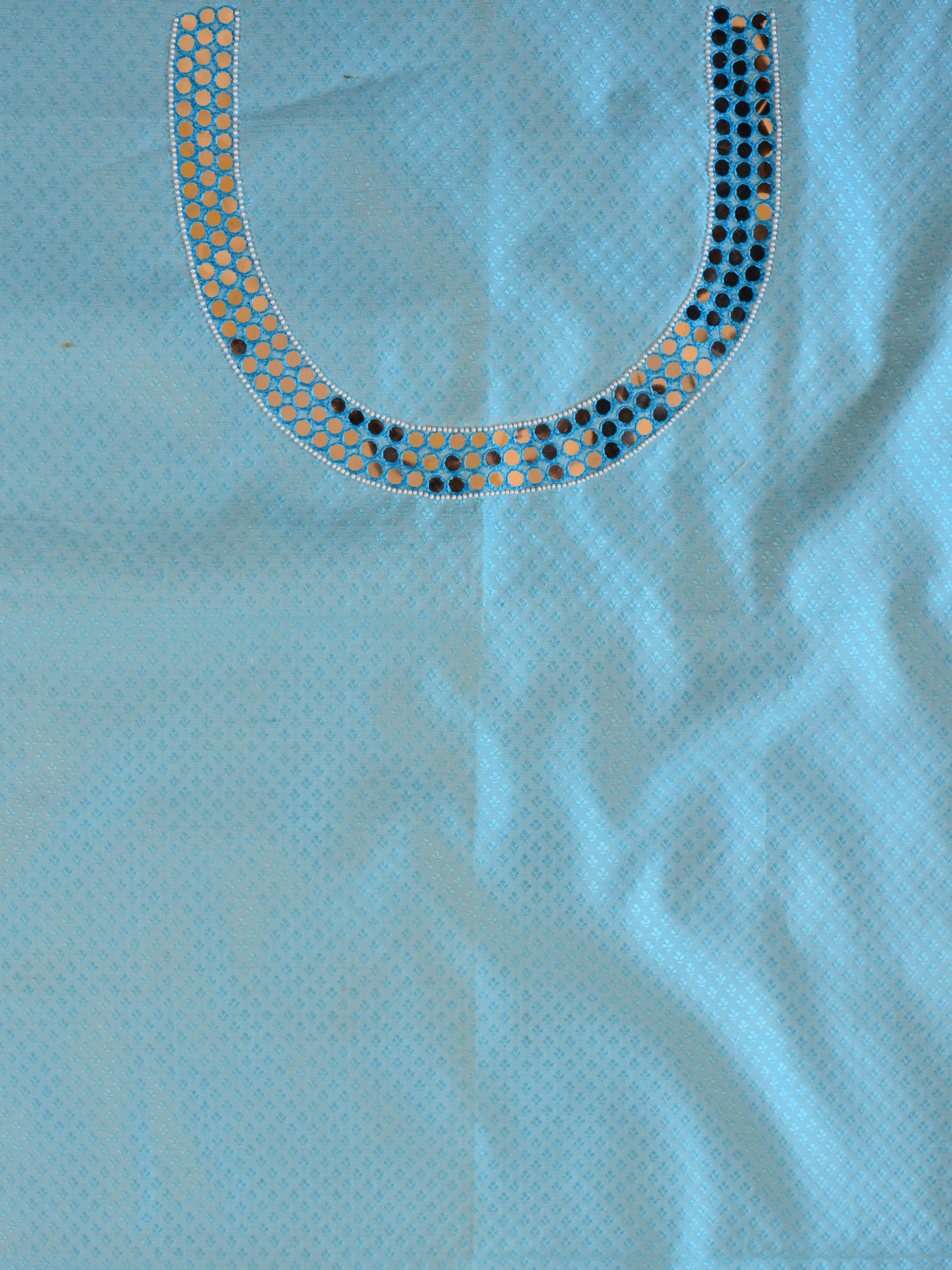 Banarasee Hand-Embroidery Chanderi Cotton Salwar Kameez Fabric With Art Silk Dupatta-Blue & Pink