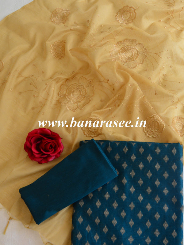 Banarasee Brocade Salwar Kameez Fabric With Organza Dupatta-Green & Gold