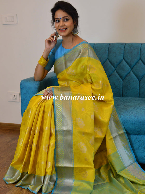 Banarasee Kora Muslin Saree With Tanchoi Design & Skirt Border-Yellow & Blue