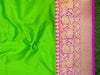 Banarasee Handloom Pure Katan Silk Sari With Skirt Border-Bright Green