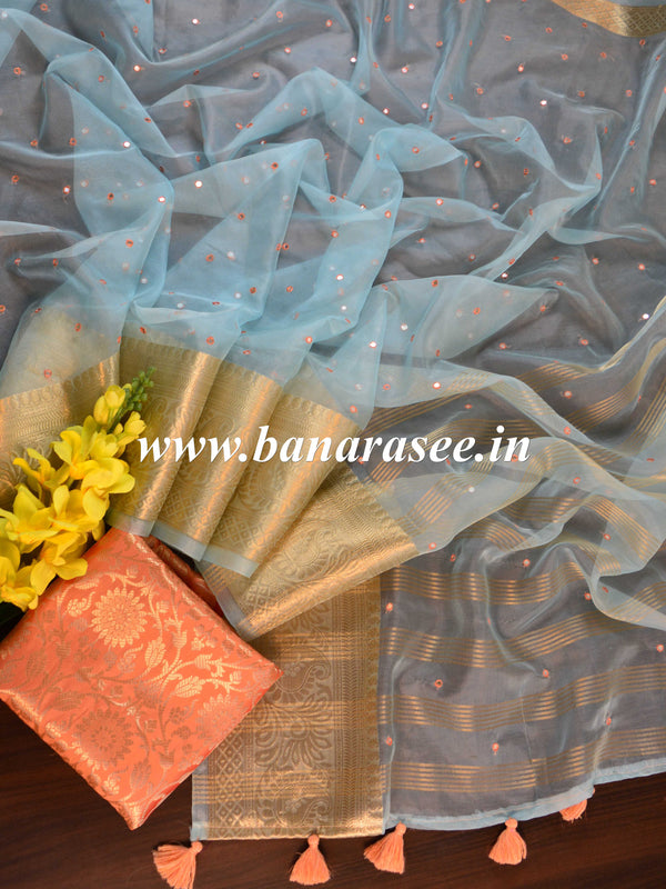 Banarasee Hand-Embroidered Mirror Work Organza Saree With Contrast Blouse-Pastel Blue