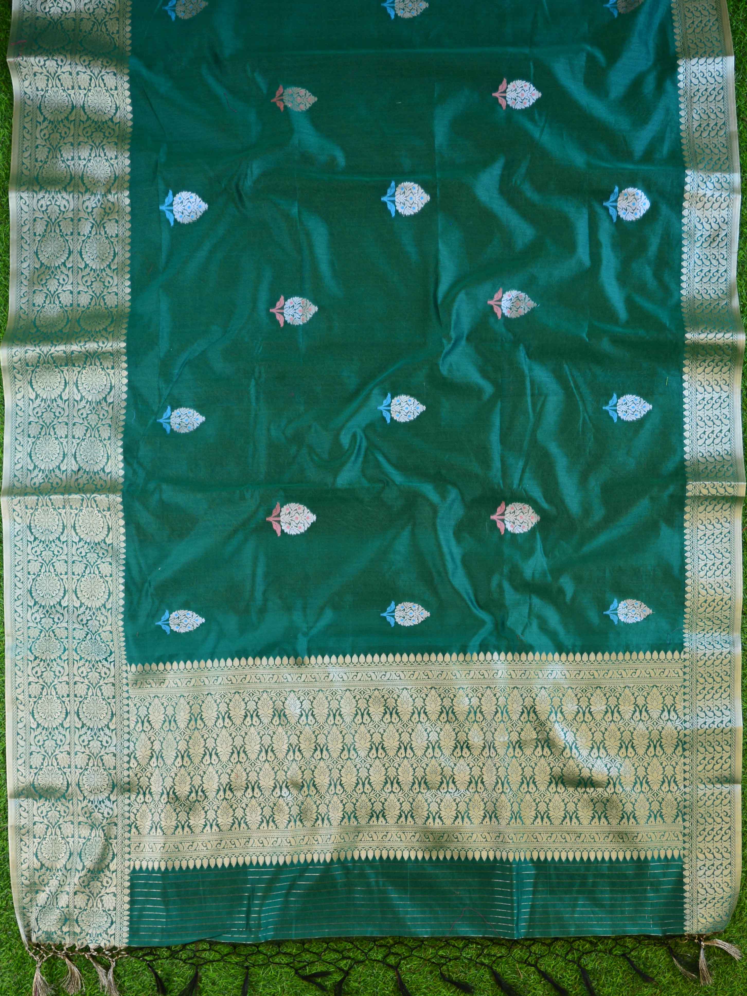 Banarasee Handwoven Cotton Silk With Silver Zari Buta & Border-Green
