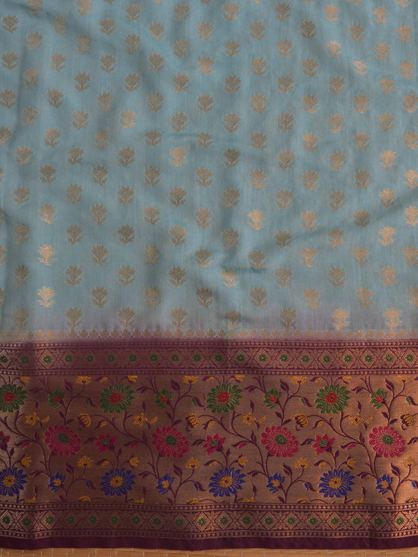 Banarasee Cotton Silk Salwar Kameez Fabric Paithani Border Design With Georgette Dupatta -Blue & Violet