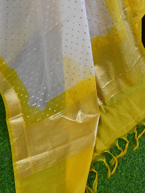 Banarasee Handloom Chanderi Cotton Zari Work Salwar Kameez Dupatta Set-Yellow & White