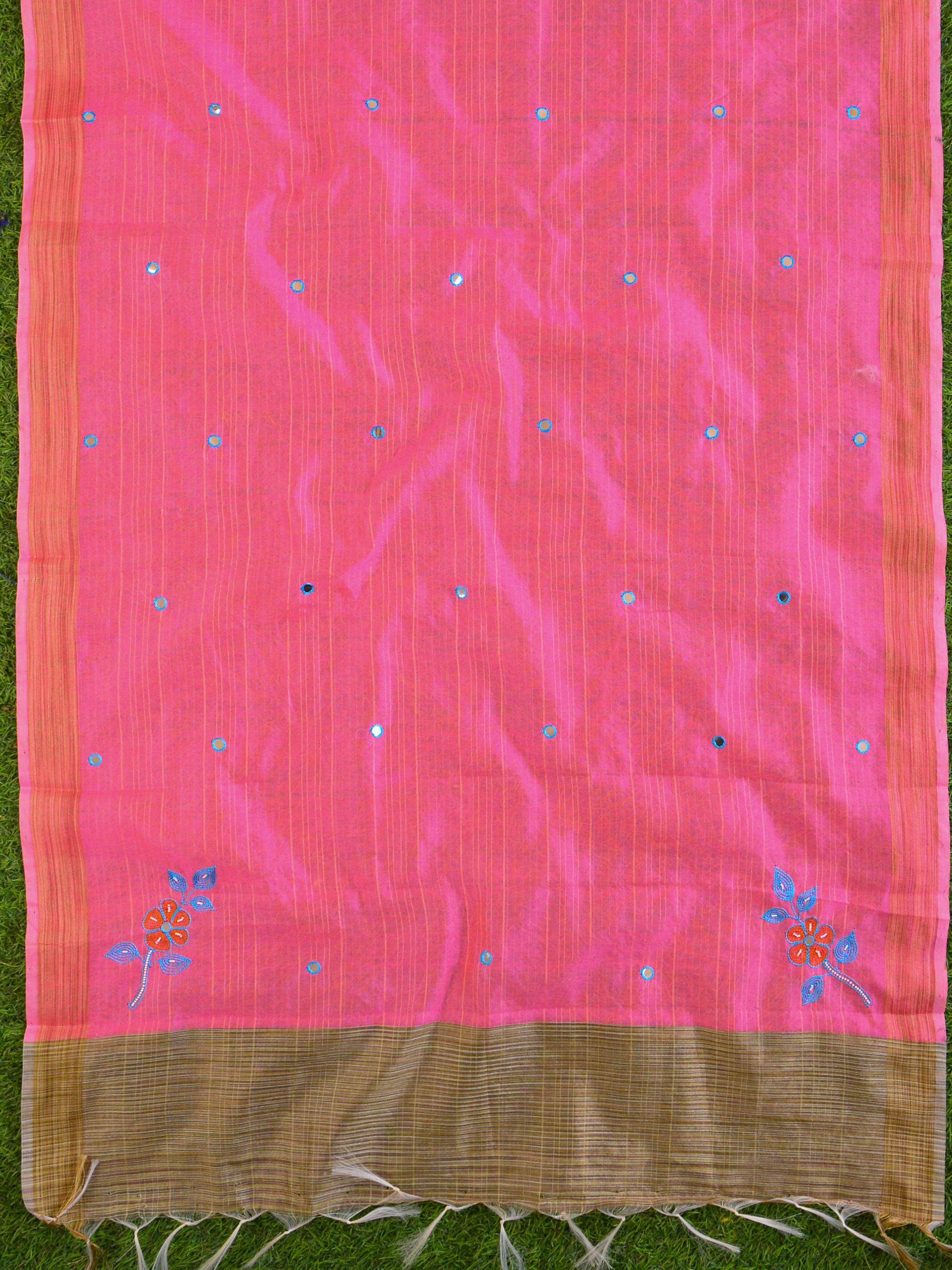 Banarasee Hand-Embroidery Chanderi Cotton Salwar Kameez Fabric With Art Silk Dupatta-Blue & Pink