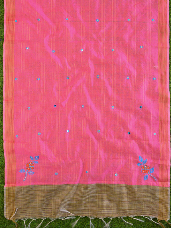 Banarasee Hand-Embroidery Chanderi Cotton Salwar Kameez Fabric With Art Silk Dupatta-Blue & Pink