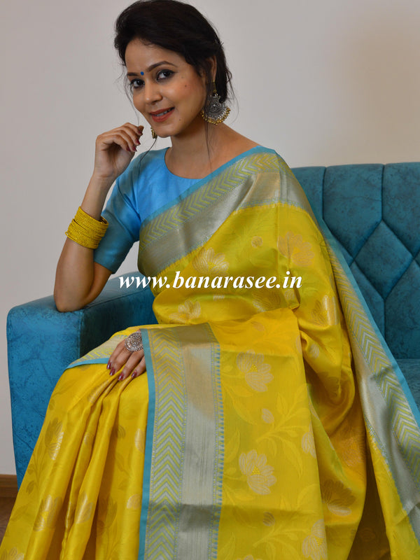 Banarasee Kora Muslin Saree With Tanchoi Design & Skirt Border-Yellow & Blue