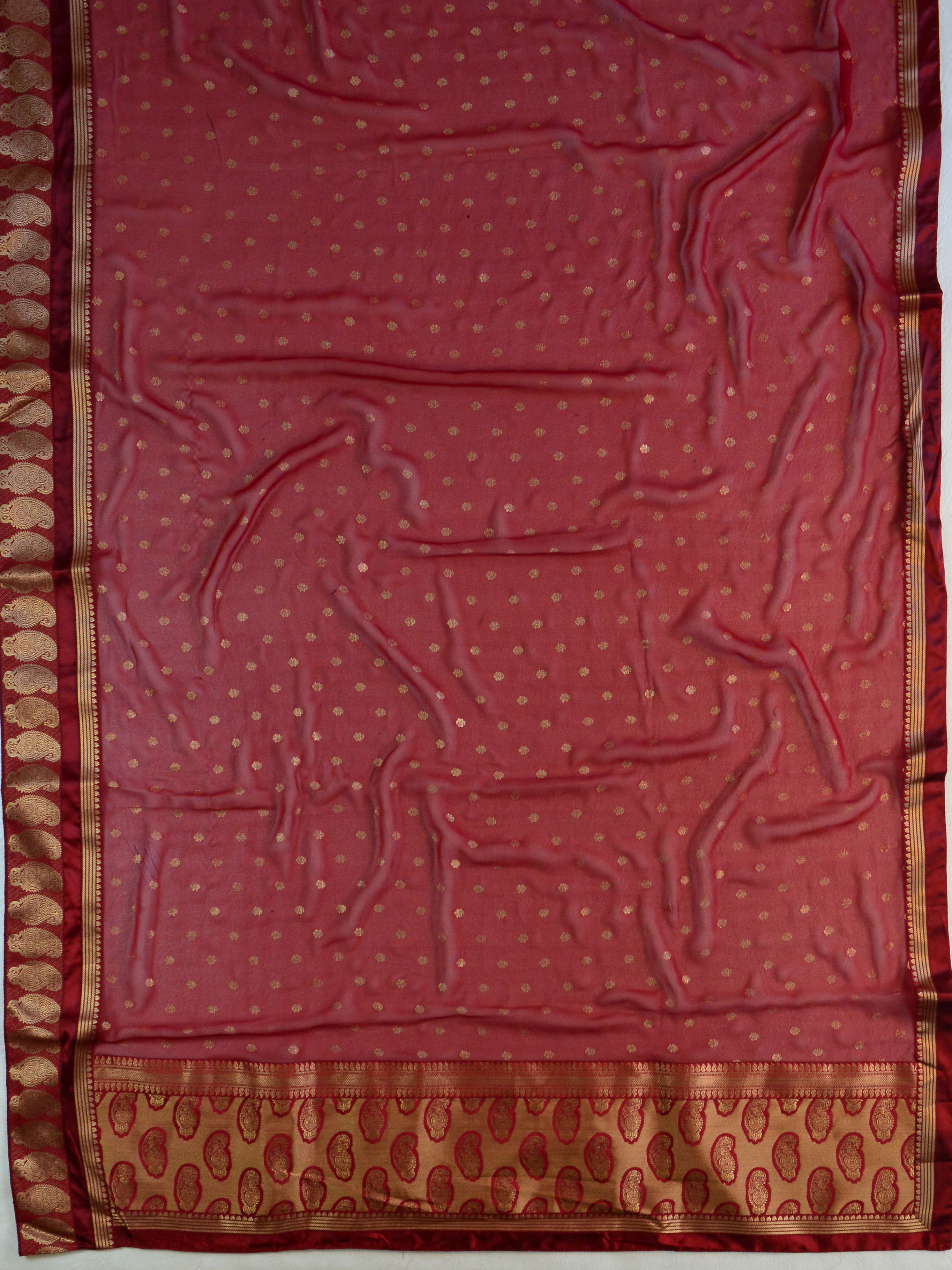 Banarasee Pure Chiffon Saree With Embroidery Work & Paisley Border-Deep Red