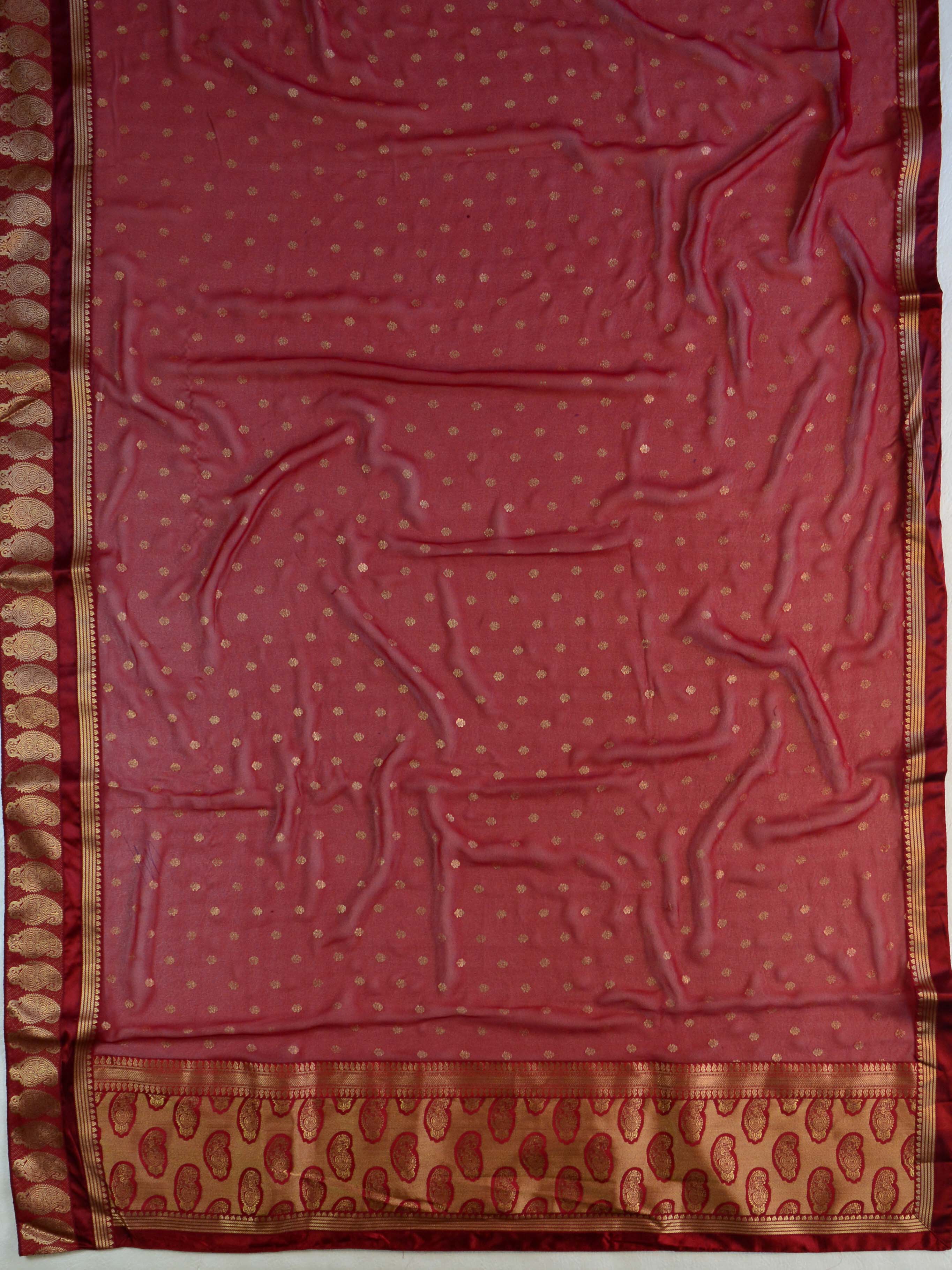Banarasee Pure Chiffon Saree With Embroidery Work & Paisley Border-Deep Red