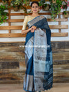 Bhagalpur Handloom Pure Linen Silver Zari Broad Border-Blue