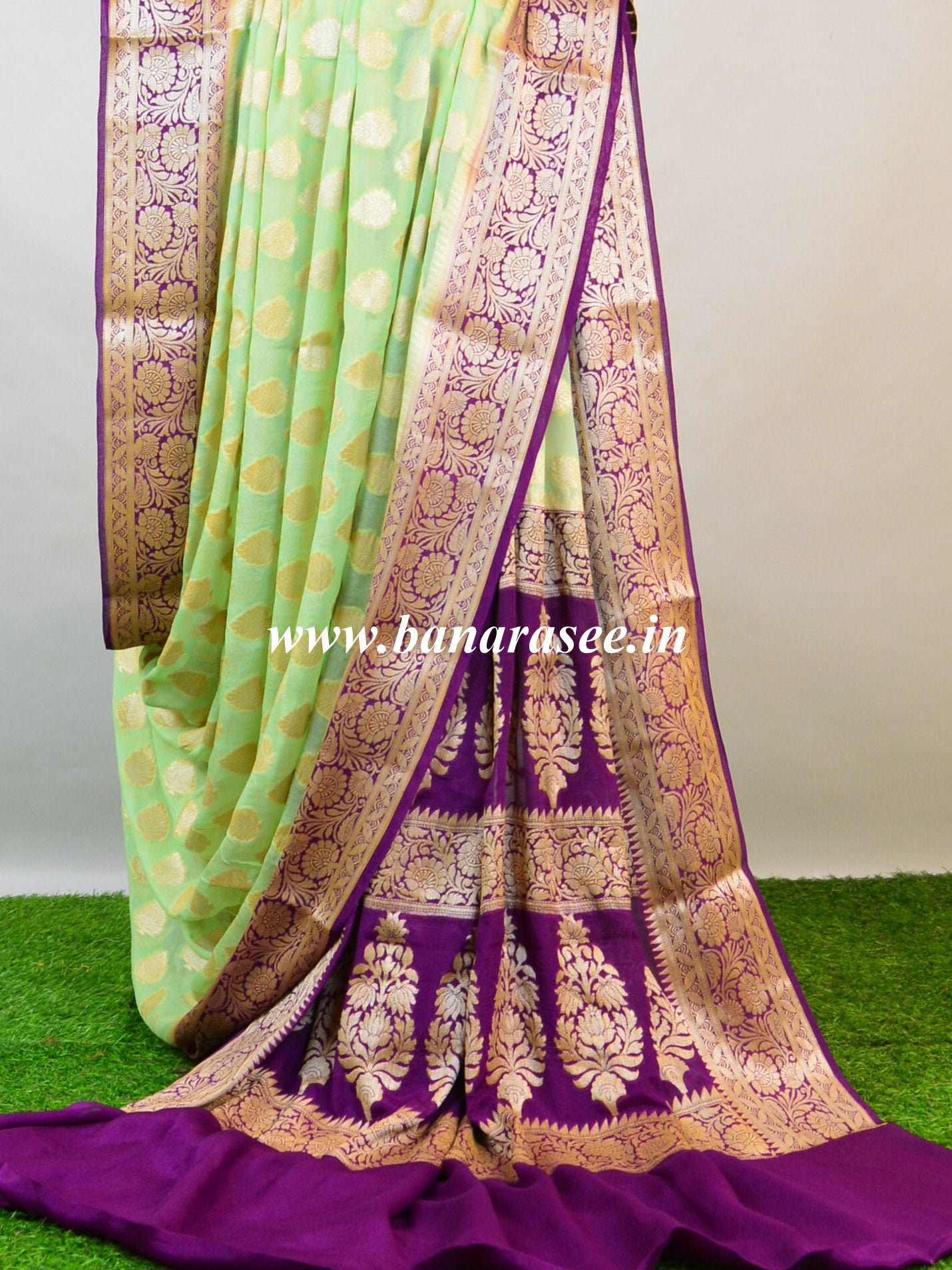 Banarasee Pure Chiffon Saree With Gold Zari Buti & Floral Border-Lime Green