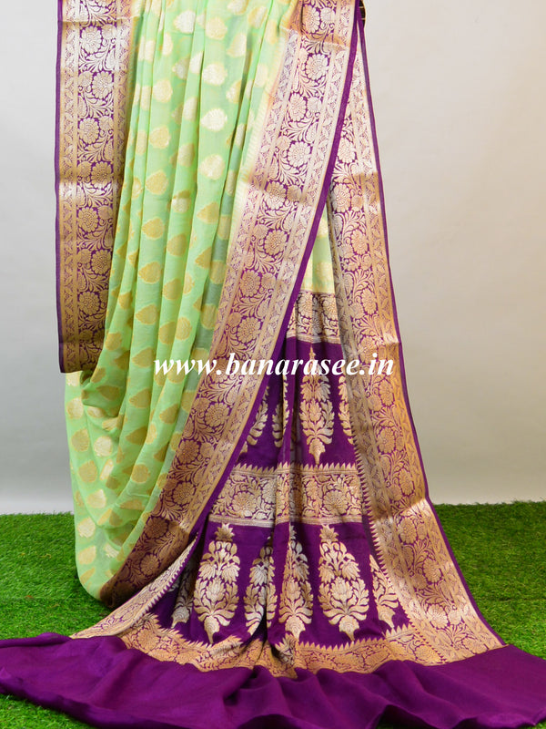 Banarasee Pure Chiffon Saree With Gold Zari Buti & Floral Border-Lime Green