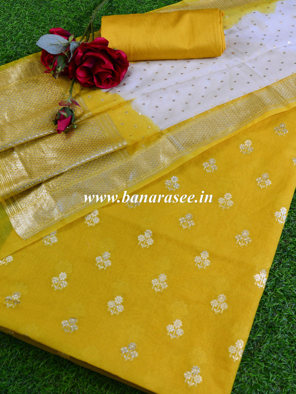 Banarasee Handloom Chanderi Cotton Zari Work Salwar Kameez Dupatta Set-Yellow & White