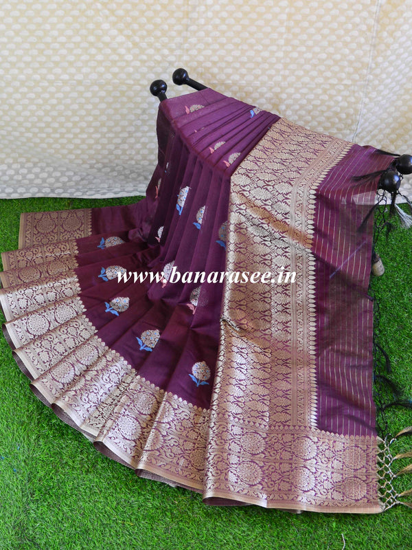 Banarasee Handwoven Cotton Silk With Silver Zari Buta & Border-Wine