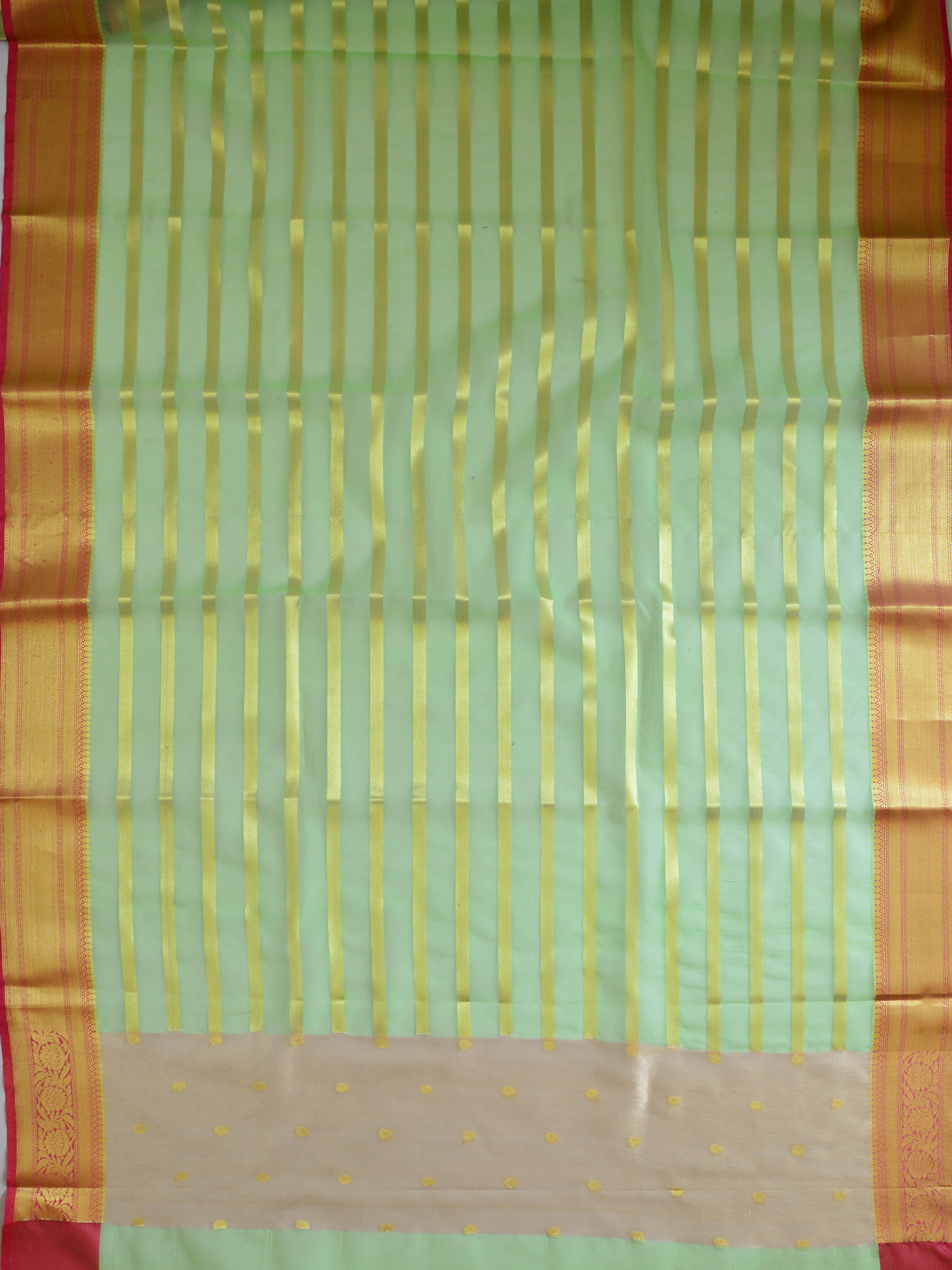 Banarasee Organza Mix Saree With Stripes Design & Zari Border-Green