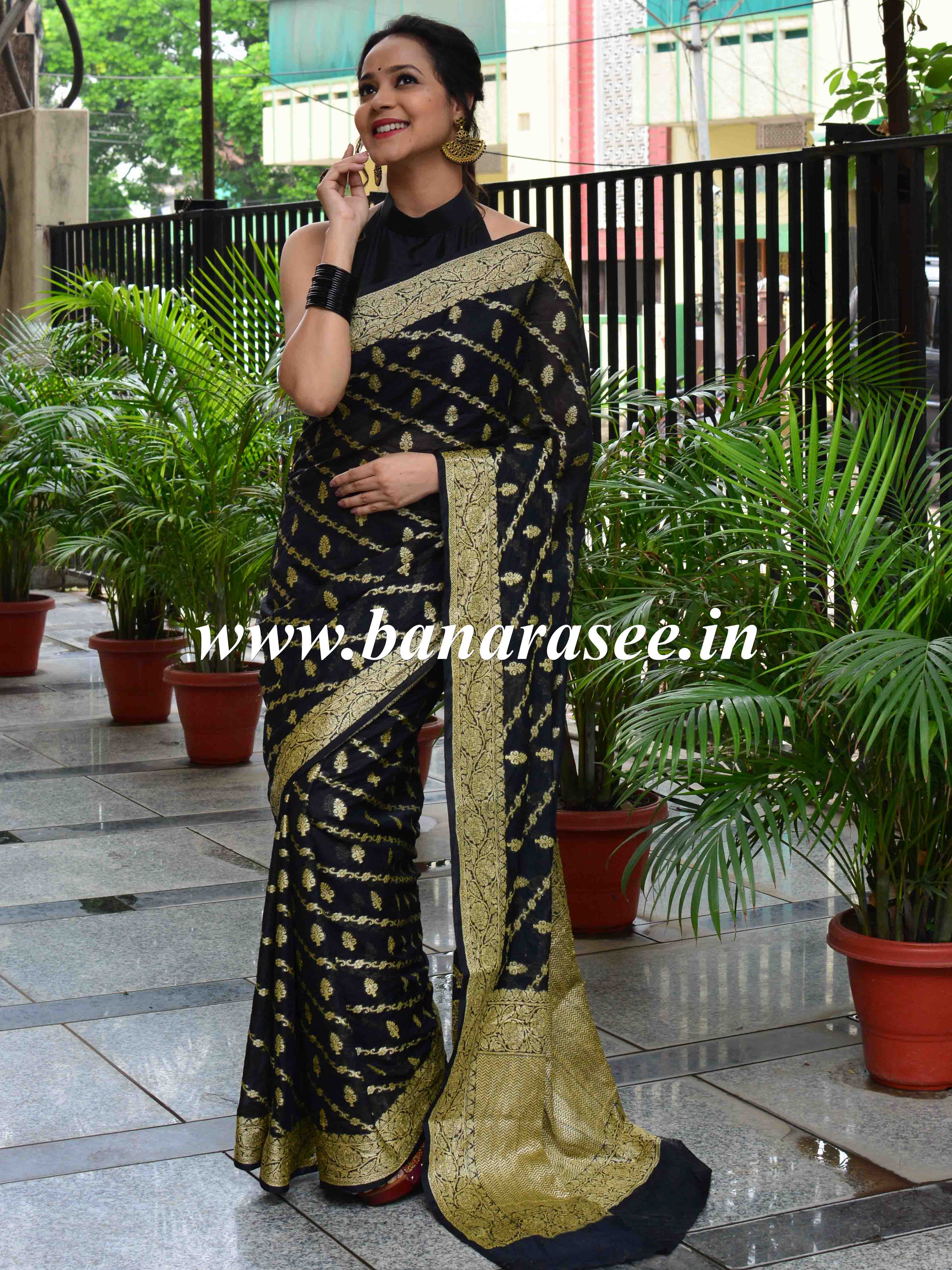 Banarasee Handwoven Semi-Chiffon Saree With Bel Design & Broad Floral Border-Black
