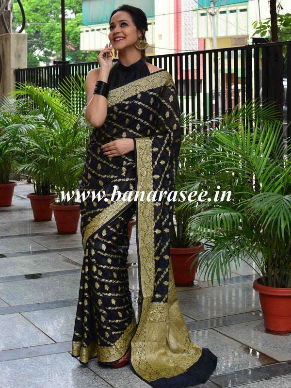 Banarasee Handwoven Semi-Chiffon Saree With Bel Design & Broad Floral Border-Black