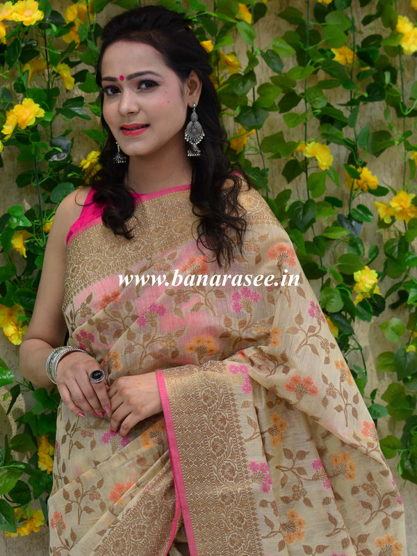 Banarasee Cotton Silk  Saree With Antique Zari Buti & Border-Beige