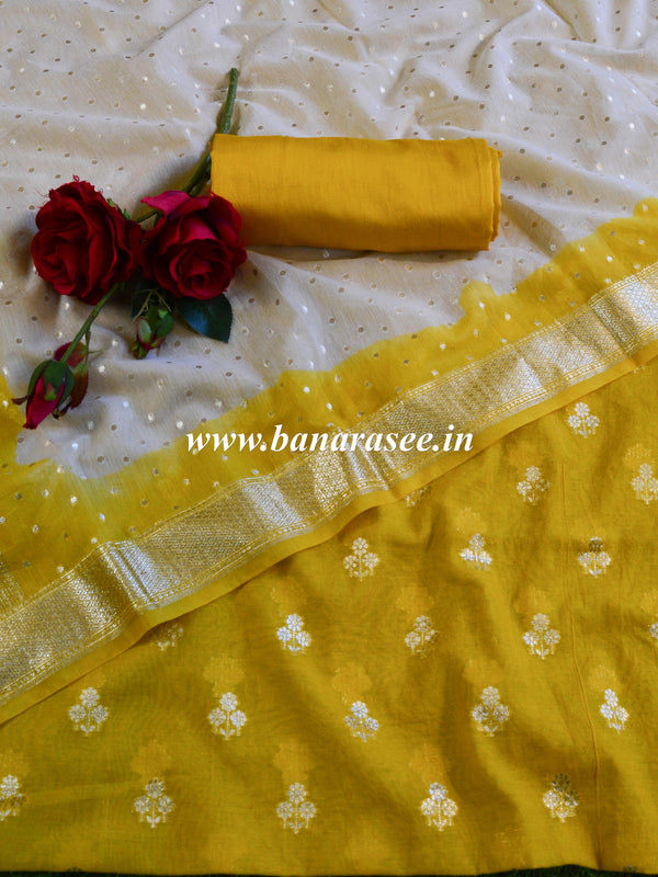 Banarasee Handloom Chanderi Cotton Zari Work Salwar Kameez Dupatta Set-Yellow & White