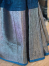 Bhagalpur Handloom Pure Linen Silver Zari Broad Border-Blue