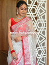 Banarasee Organza Mix Saree With Silver Zari Buta & Contrast Floral Border-White