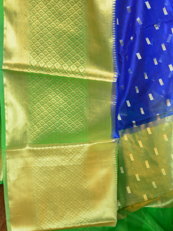 Banarasee Organza Mix Saree With small buti Design & Broad skirt Border-Blue & Green