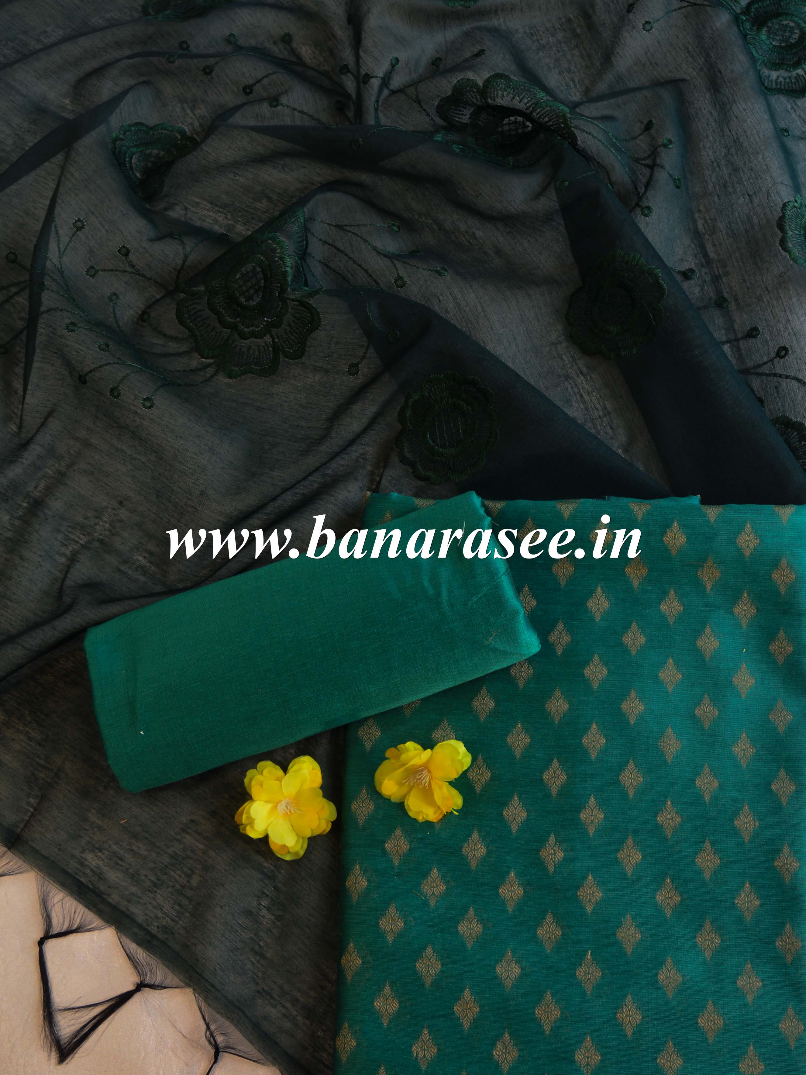 Banarasee Brocade Salwar Kameez Fabric With Organza Dupatta-Green