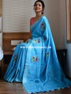 Bhagalpur Handloom Pure Linen Cotton Resham Embroidered Saree-Blue