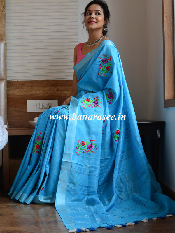 Bhagalpur Handloom Pure Linen Cotton Resham Embroidered Saree-Blue