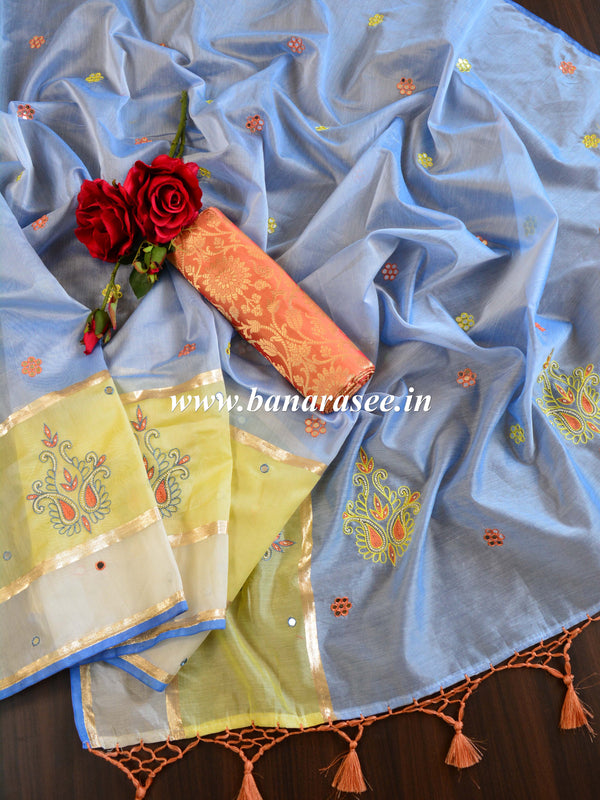 Banarasee Chanderi Cotton Hand-Embroidered Saree-Blue