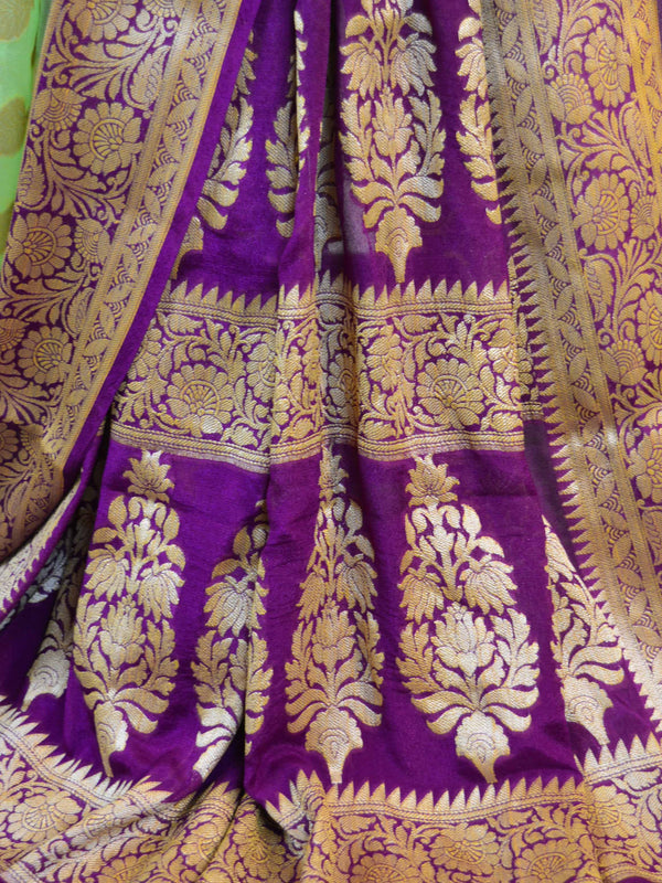 Banarasee Pure Chiffon Saree With Gold Zari Buti & Floral Border-Lime Green